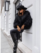 Mona - Black Plain Fringe Faux Fur Short Jacket