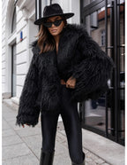 Mona - Black Plain Fringe Faux Fur Short Jacket