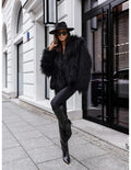 Mona - Black Plain Fringe Faux Fur Short Jacket