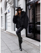 Mona - Black Plain Fringe Faux Fur Short Jacket