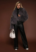 Mona - Gray Plain Fringe Faux Fur Short Jacket