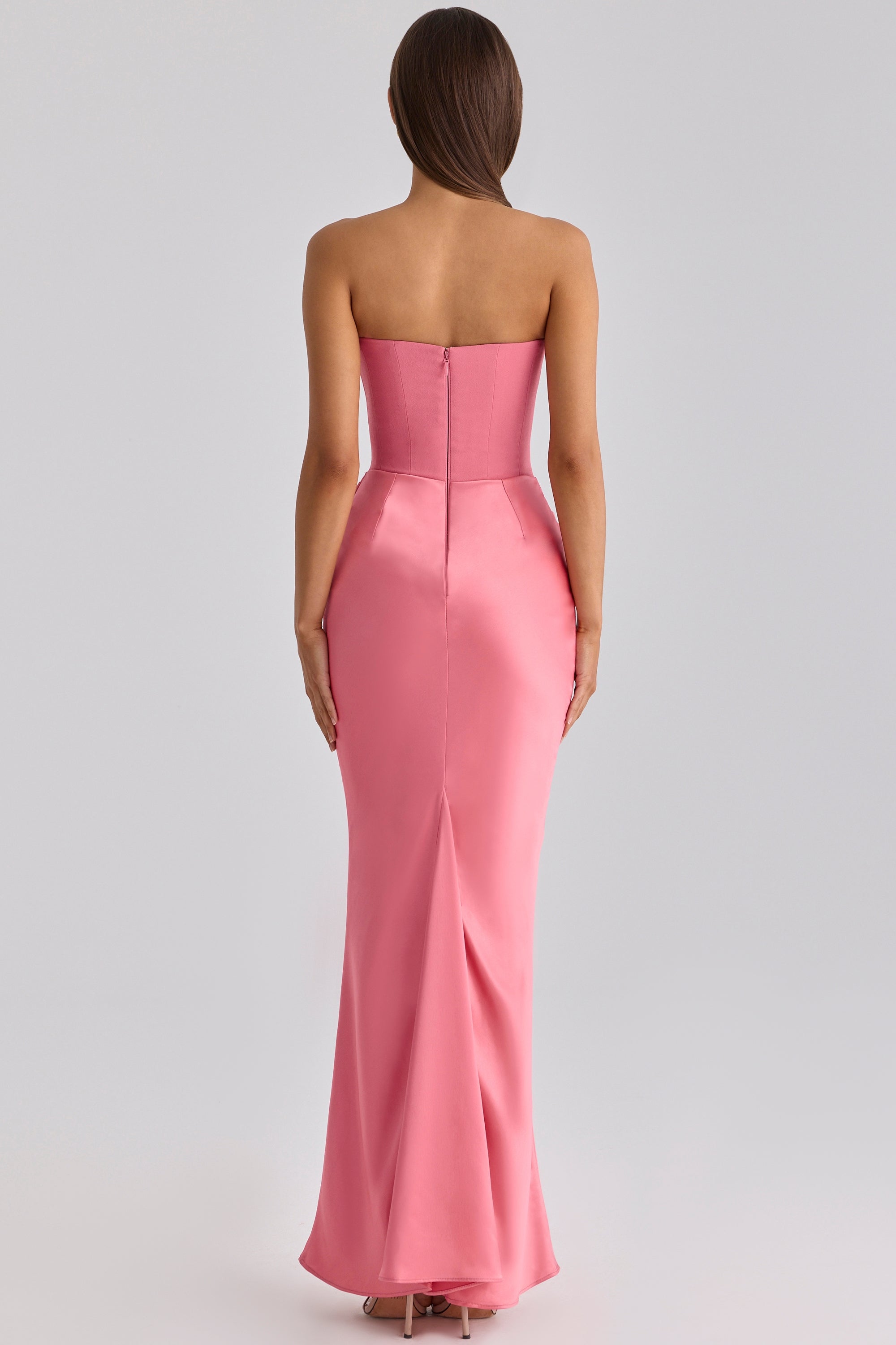 Raspberry satin + crepe strapless corset maxi dress