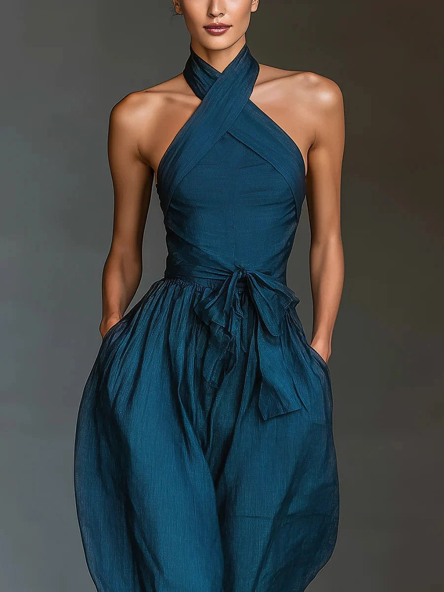 Hallie | Cross Halter Linen  Wide-Leg Jumpsuit