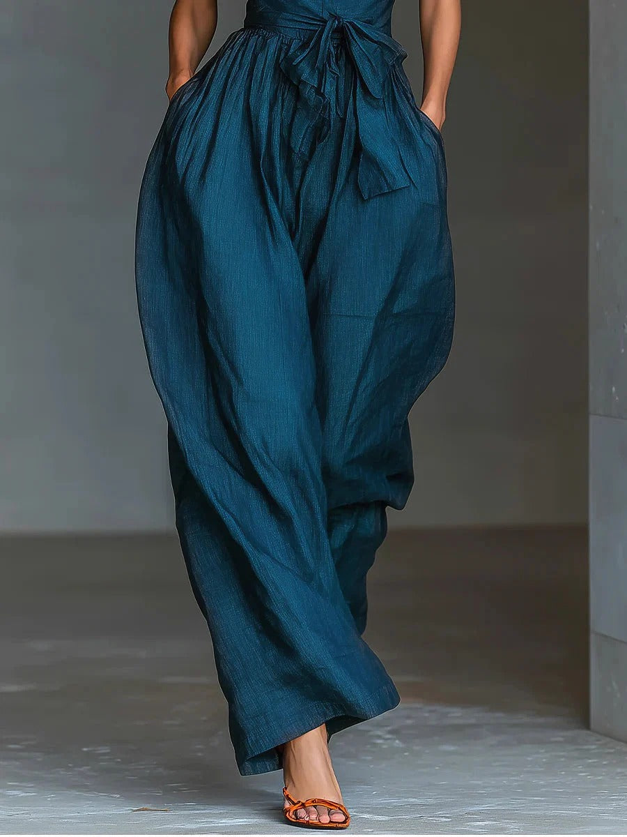 Hallie | Cross Halter Linen  Wide-Leg Jumpsuit