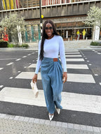 Asymmetrical Ruched Blue Denim Wide-Leg Pants