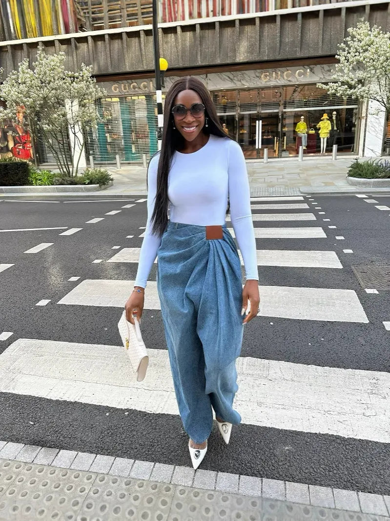 Asymmetrical Ruched Blue Denim Wide-Leg Pants
