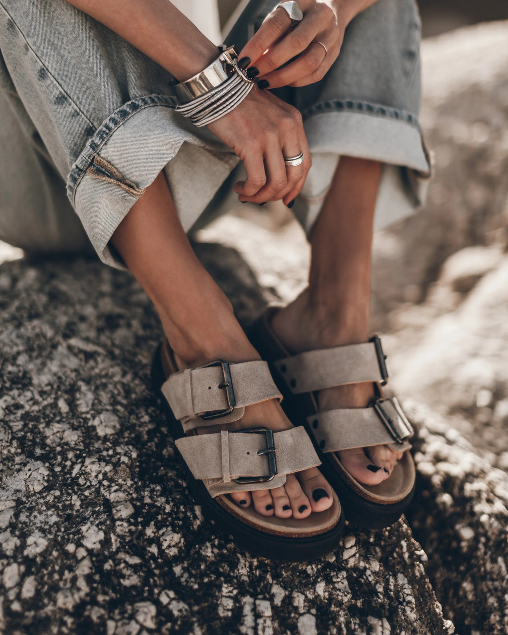 The Black Leather Buckle Sandals