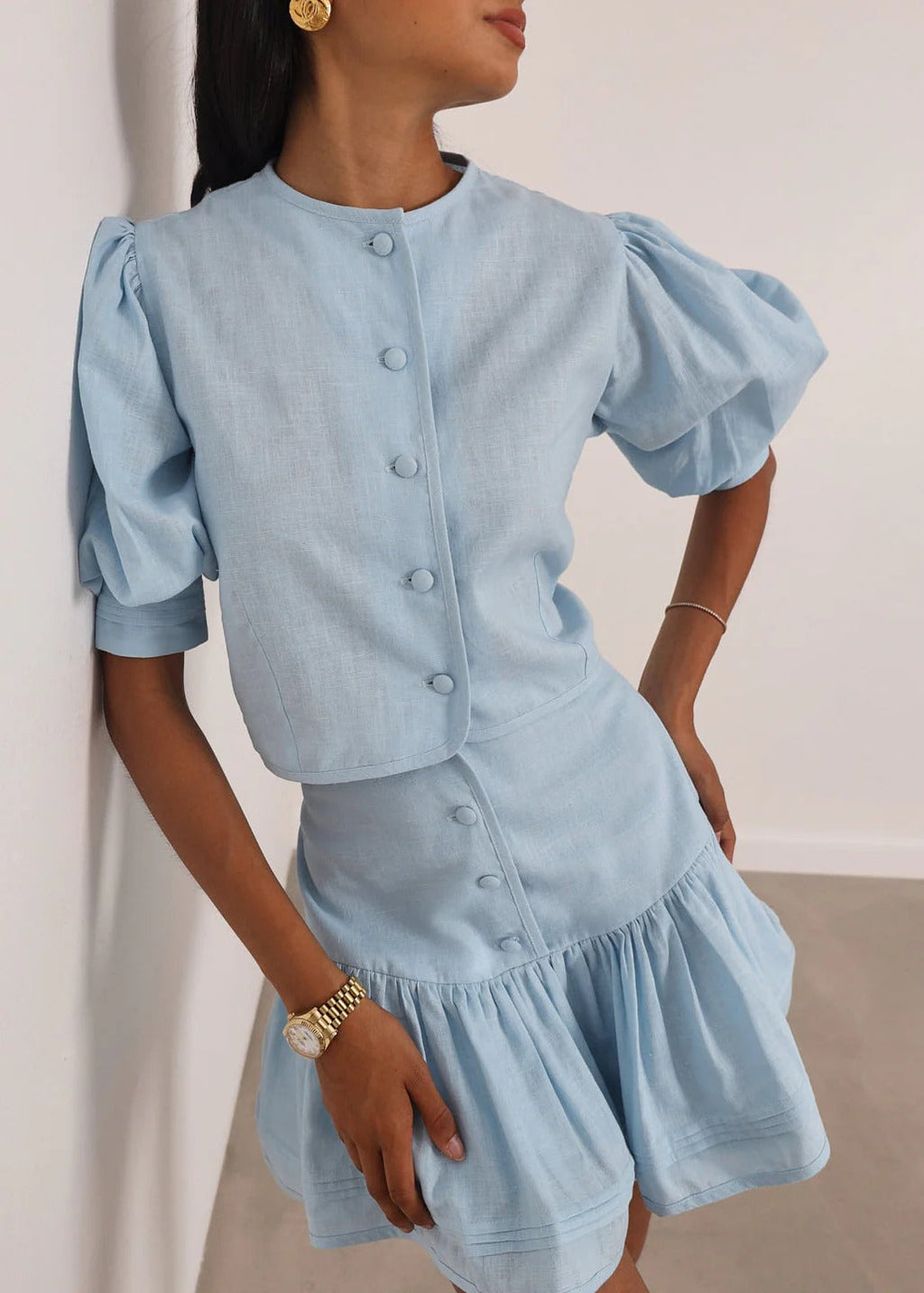 Laney Tiered Frill Linen Set | Pastel Blue