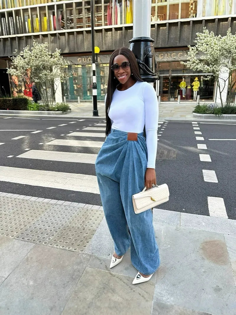 Asymmetrical Ruched Blue Denim Wide-Leg Pants
