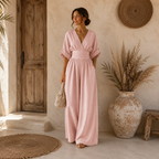 Helena V-Neck Chiffon/Linen Blend Jumpsuit