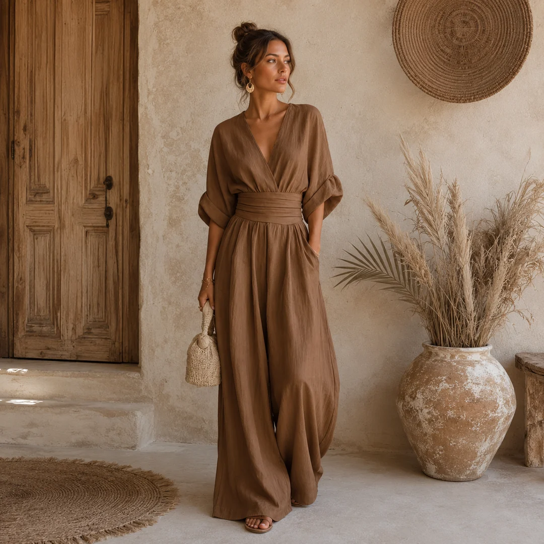 Helena V-Neck Chiffon/Linen Blend Jumpsuit