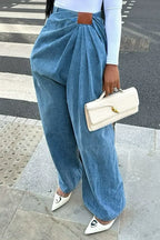 Asymmetrical Ruched Blue Denim Wide-Leg Pants