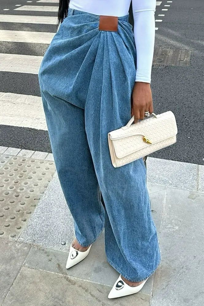 Asymmetrical Ruched Blue Denim Wide-Leg Pants