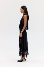 Modern Muse Satin Lace Trim Pleated Neck Top and A-line Irregular Slit Skirt Set