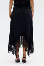 Modern Muse Satin Lace Trim Pleated Neck Top and A-line Irregular Slit Skirt Set