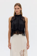 Modern Muse Satin Lace Trim Pleated Neck Top and A-line Irregular Slit Skirt Set