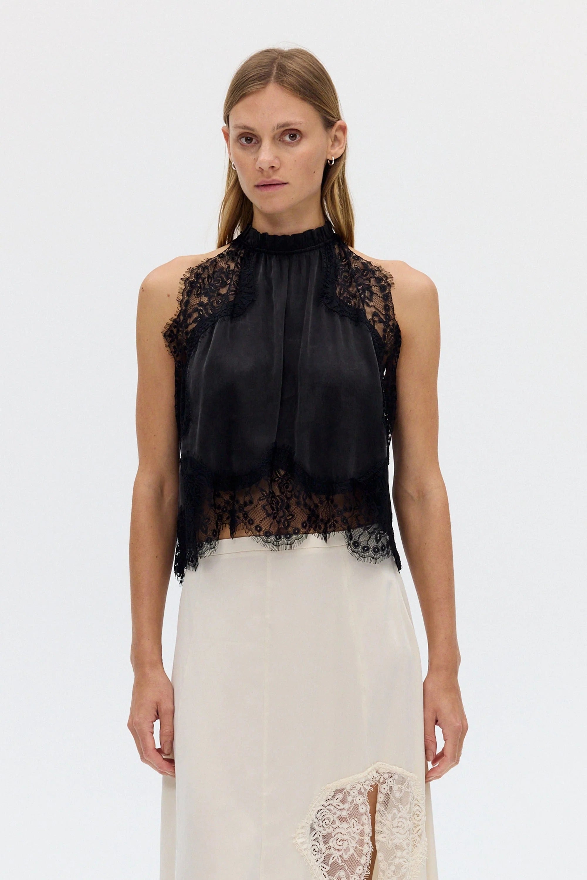Modern Muse Satin Lace Trim Pleated Neck Top and A-line Irregular Slit Skirt Set