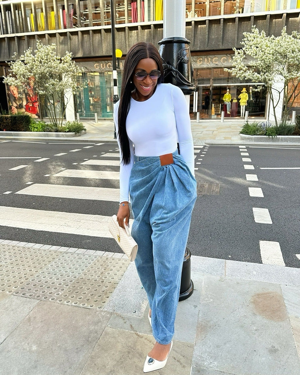 Asymmetrical Ruched Blue Denim Wide-Leg Pants