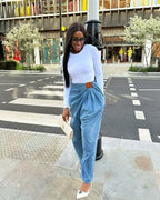Asymmetrical Ruched Blue Denim Wide-Leg Pants