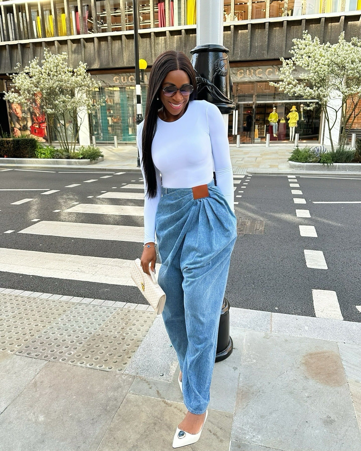 Asymmetrical Ruched Blue Denim Wide-Leg Pants