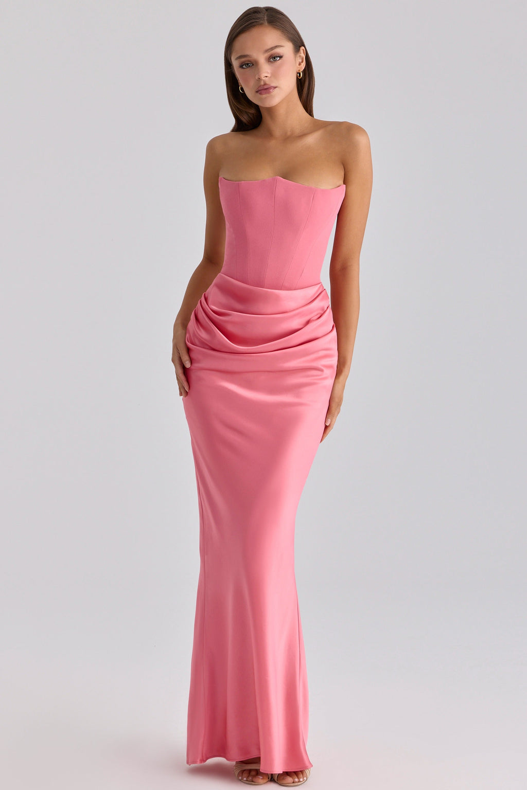 Raspberry satin + crepe strapless corset maxi dress