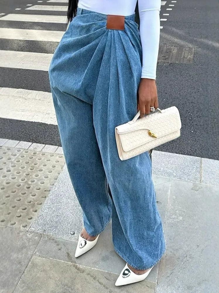 Asymmetrical Ruched Blue Denim Wide-Leg Pants