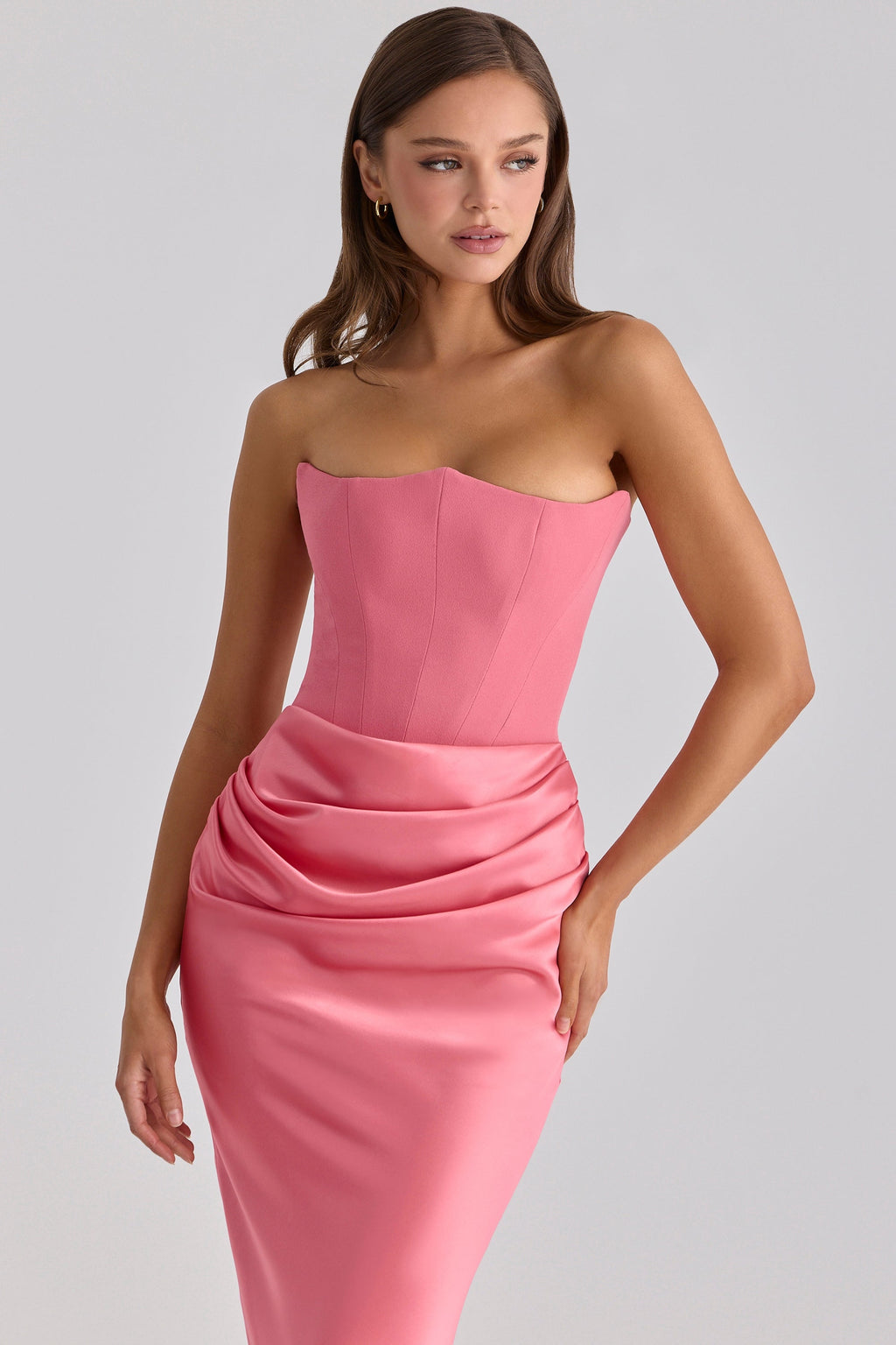 Raspberry satin + crepe strapless corset maxi dress