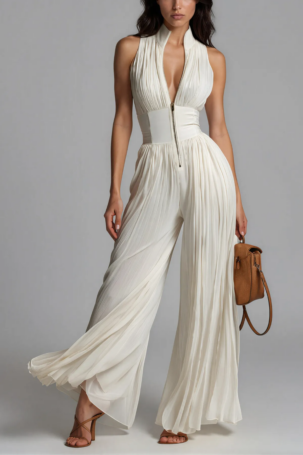 Ivory Pleated Evening Jumpsuit