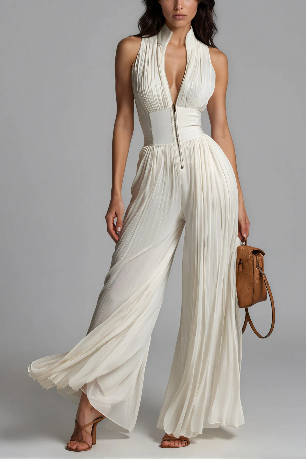 Ivory Pleated Evening Jumpsuit