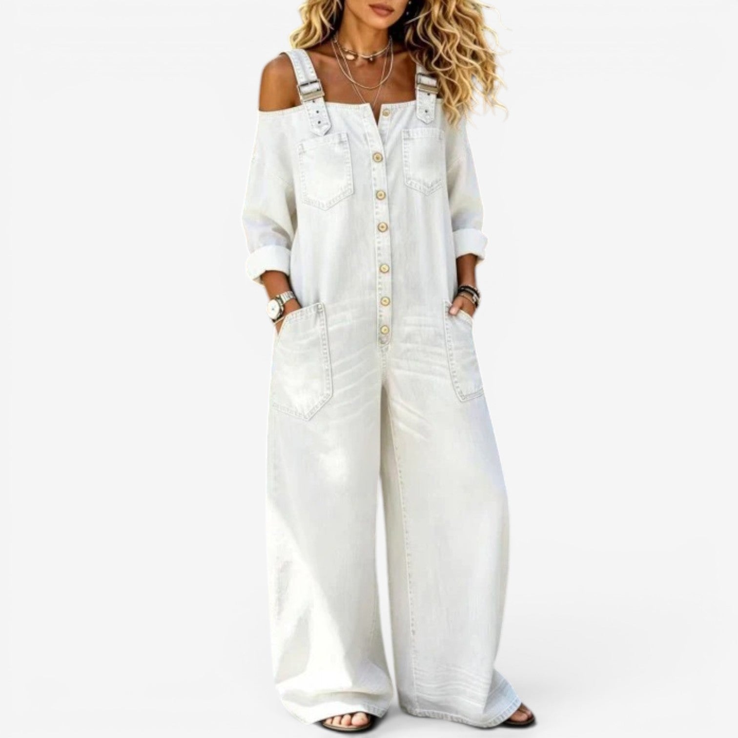 Lianne™ Off-Shoulder Wide-Leg White Denim Jumpsuit