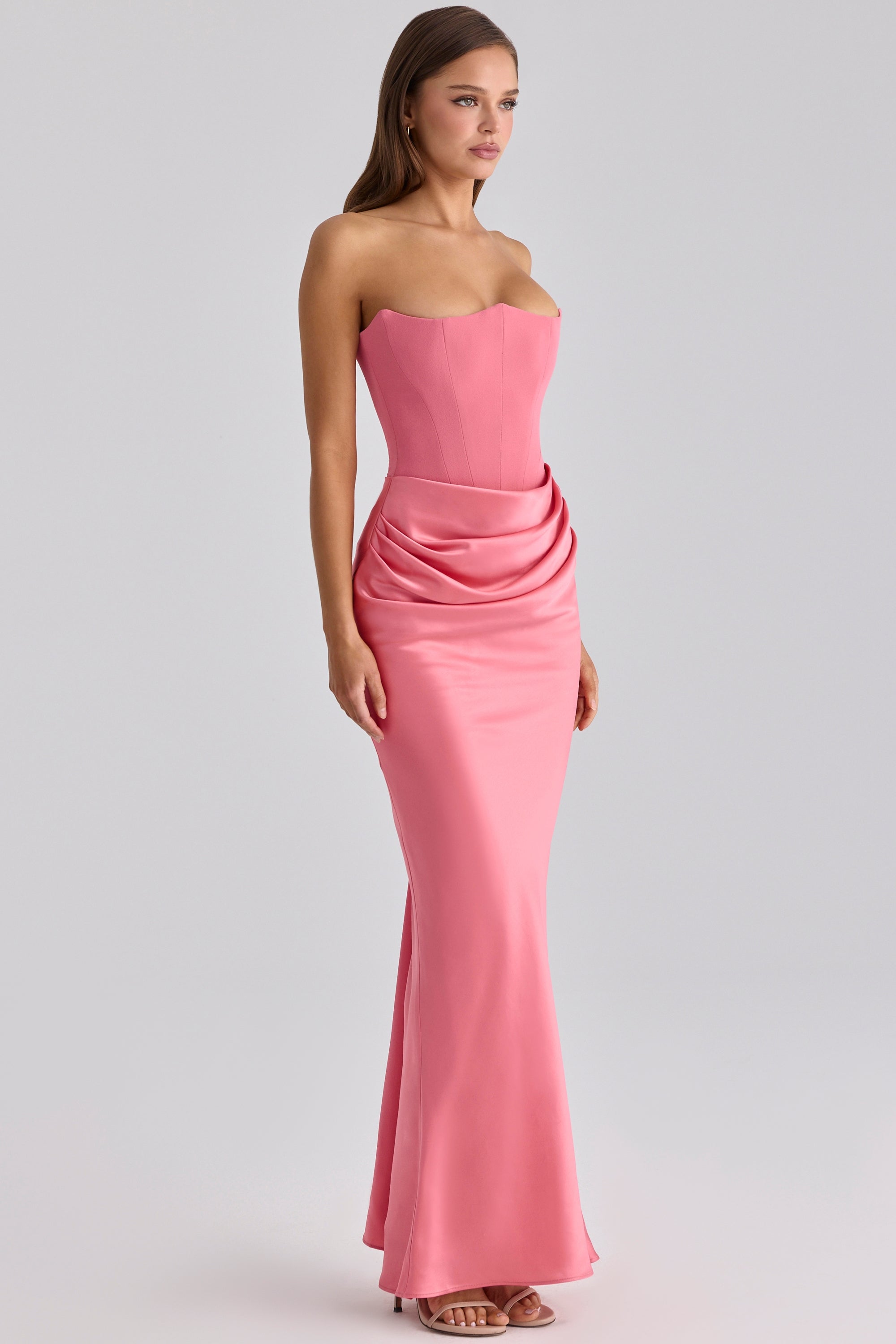 Raspberry satin + crepe strapless corset maxi dress