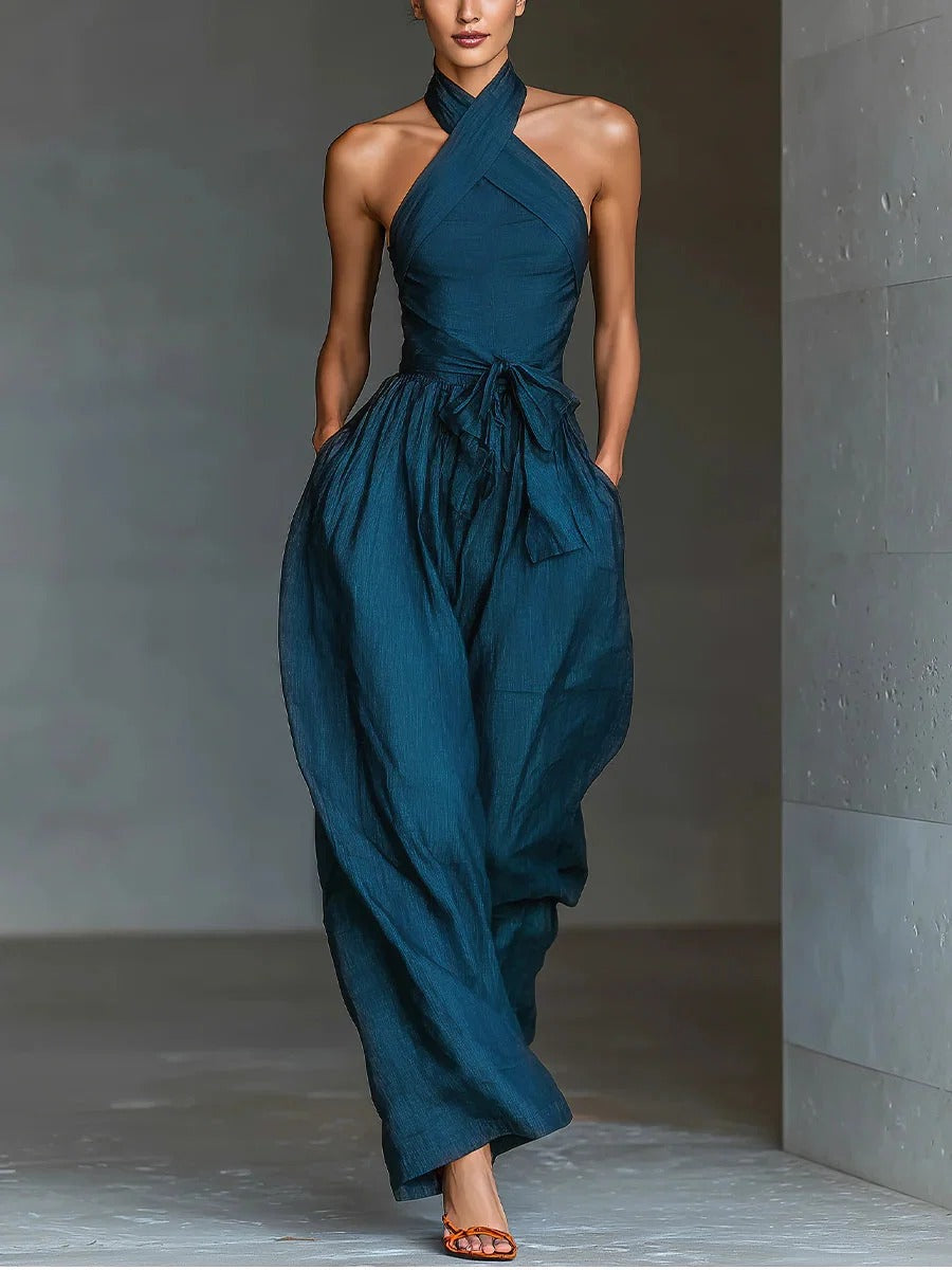 Hallie | Cross Halter Linen  Wide-Leg Jumpsuit