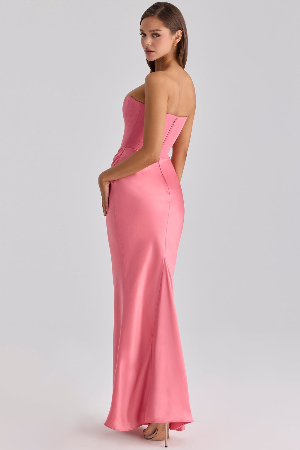 Raspberry satin + crepe strapless corset maxi dress