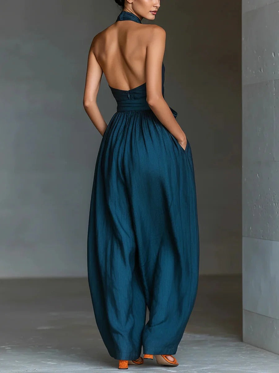 Hallie | Cross Halter Linen  Wide-Leg Jumpsuit
