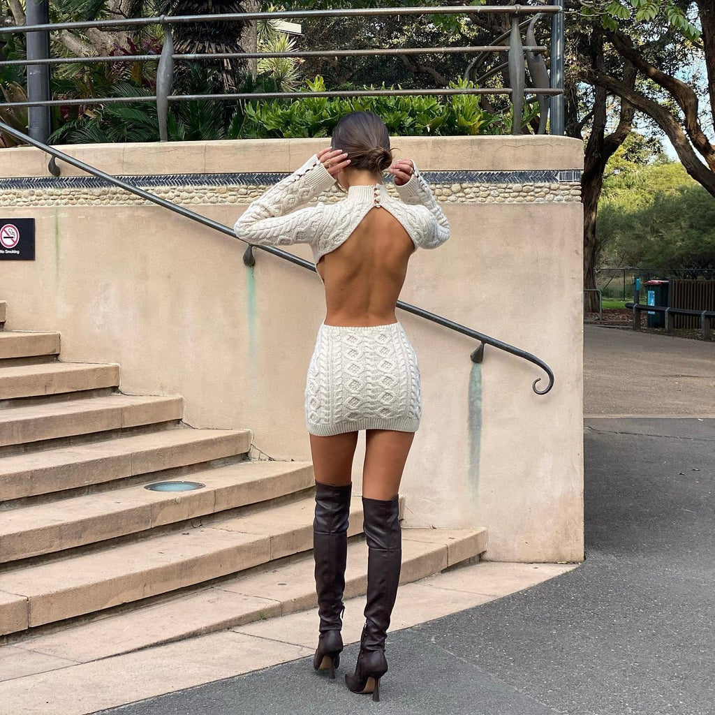 Buttermilk Knitted Long Sleeve Backless Mini Dress