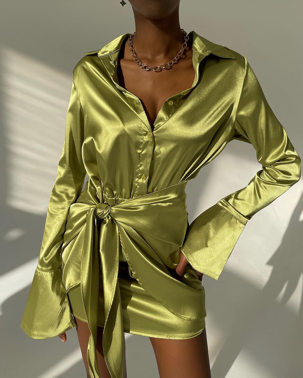 Jamaica Green Satin Long Sleeve Mini Dress