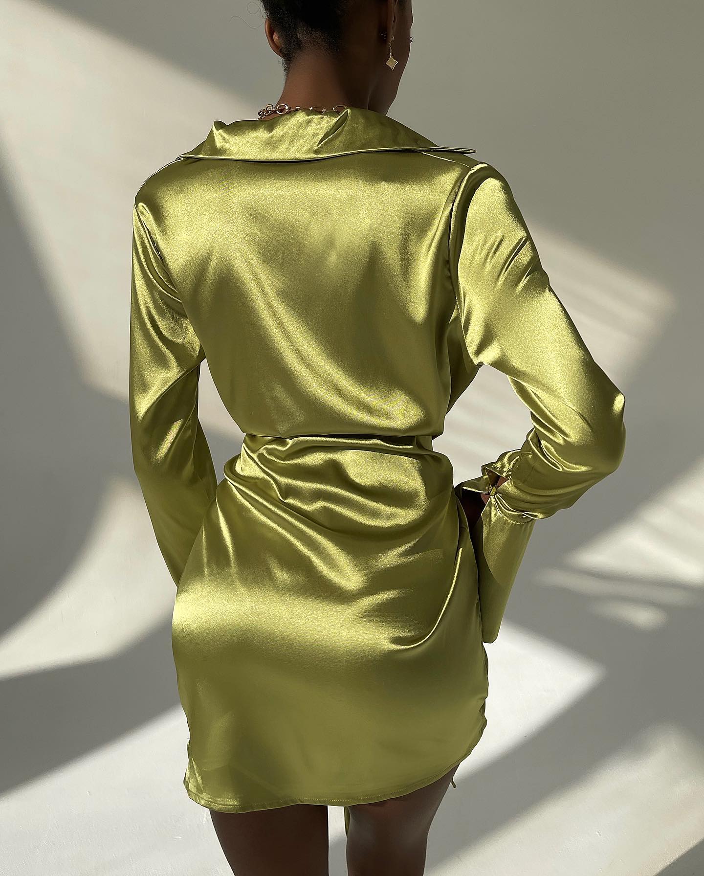 Jamaica Green Satin Long Sleeve Mini Dress