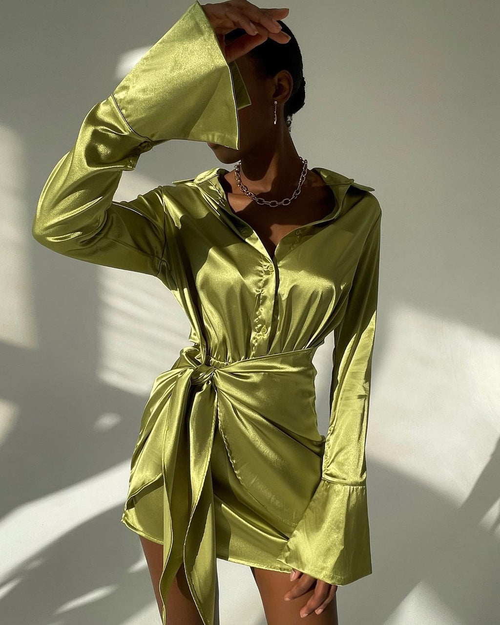 Jamaica Green Satin Long Sleeve Mini Dress
