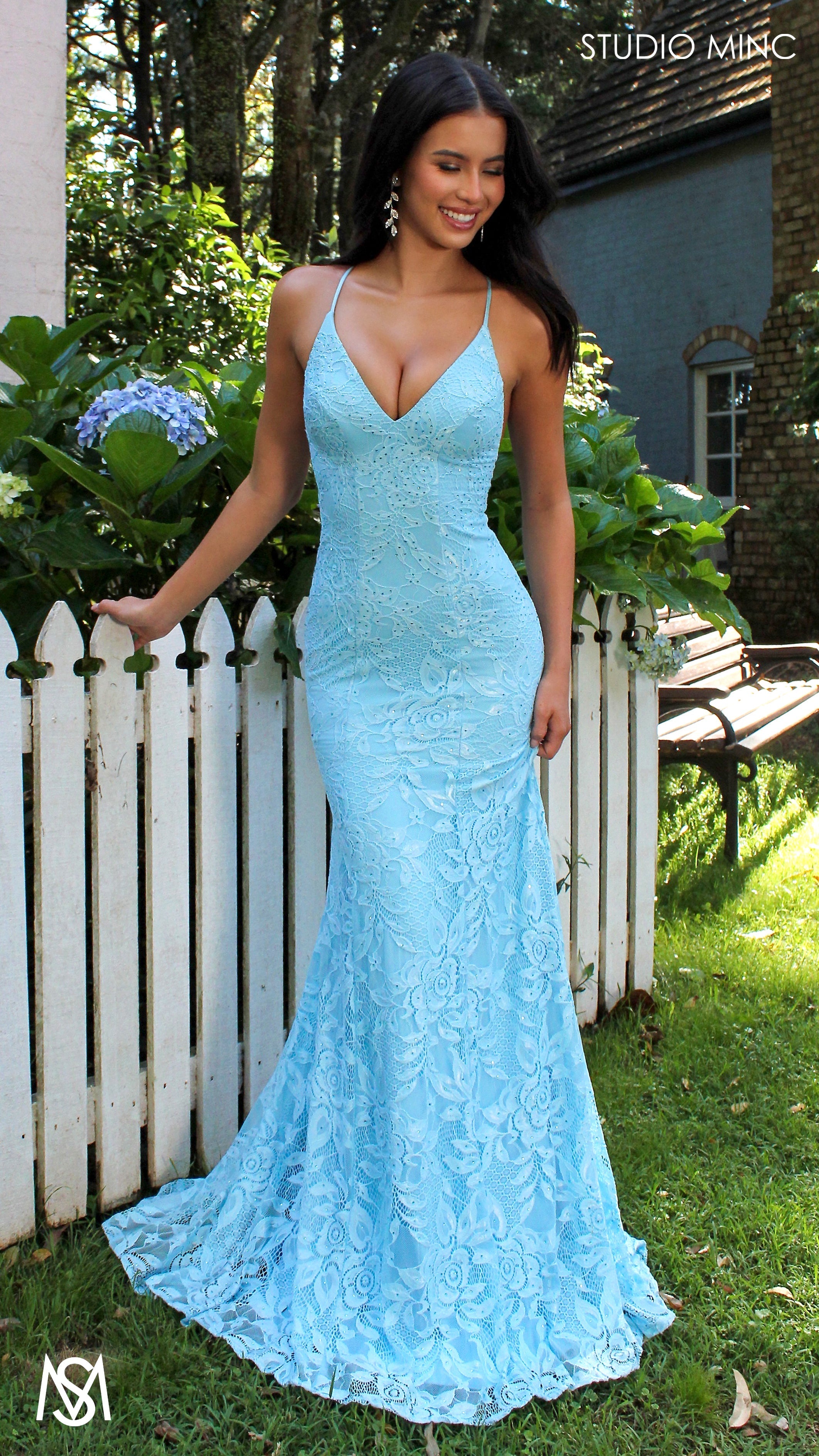 Jasmine - Light Blue formal dress | lace V neckline fitted mermaid lace up