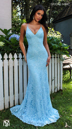 Jasmine - Light Blue formal dress | lace V neckline fitted mermaid lace up
