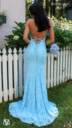 Jasmine - Light Blue formal dress | lace V neckline fitted mermaid lace up