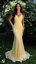 Jasmine - Light yellow formal dress | lace V neckline fitted mermaid lace up