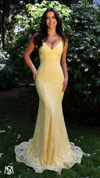 Jasmine - Light yellow formal dress | lace V neckline fitted mermaid lace up