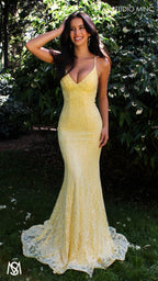 Jasmine - Light yellow formal dress | lace V neckline fitted mermaid lace up