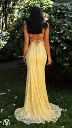Jasmine - Light yellow formal dress | lace V neckline fitted mermaid lace up