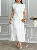 Elegant Pleated Half-High Collar Tie Midi Dress