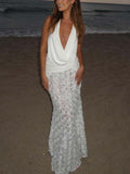 Elegant Deep V Floral Backless Pleated Maxi Dress