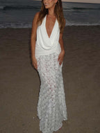 Elegant Deep V Floral Backless Pleated Maxi Dress