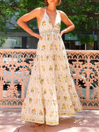 Unique Backless Deep V-Neck Lemon Print Maxi Dress