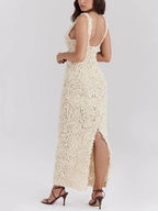 Elegant Floral Applique Deep V Neck Gown Dress